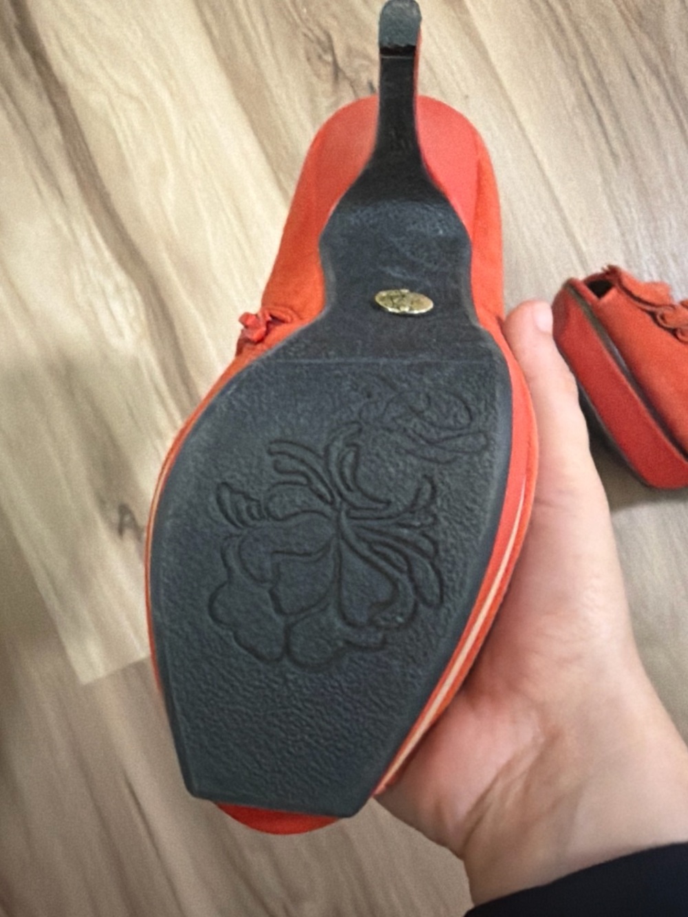Orange Suede Ruffle Peep-Toe Mules - Picture 3 of 4